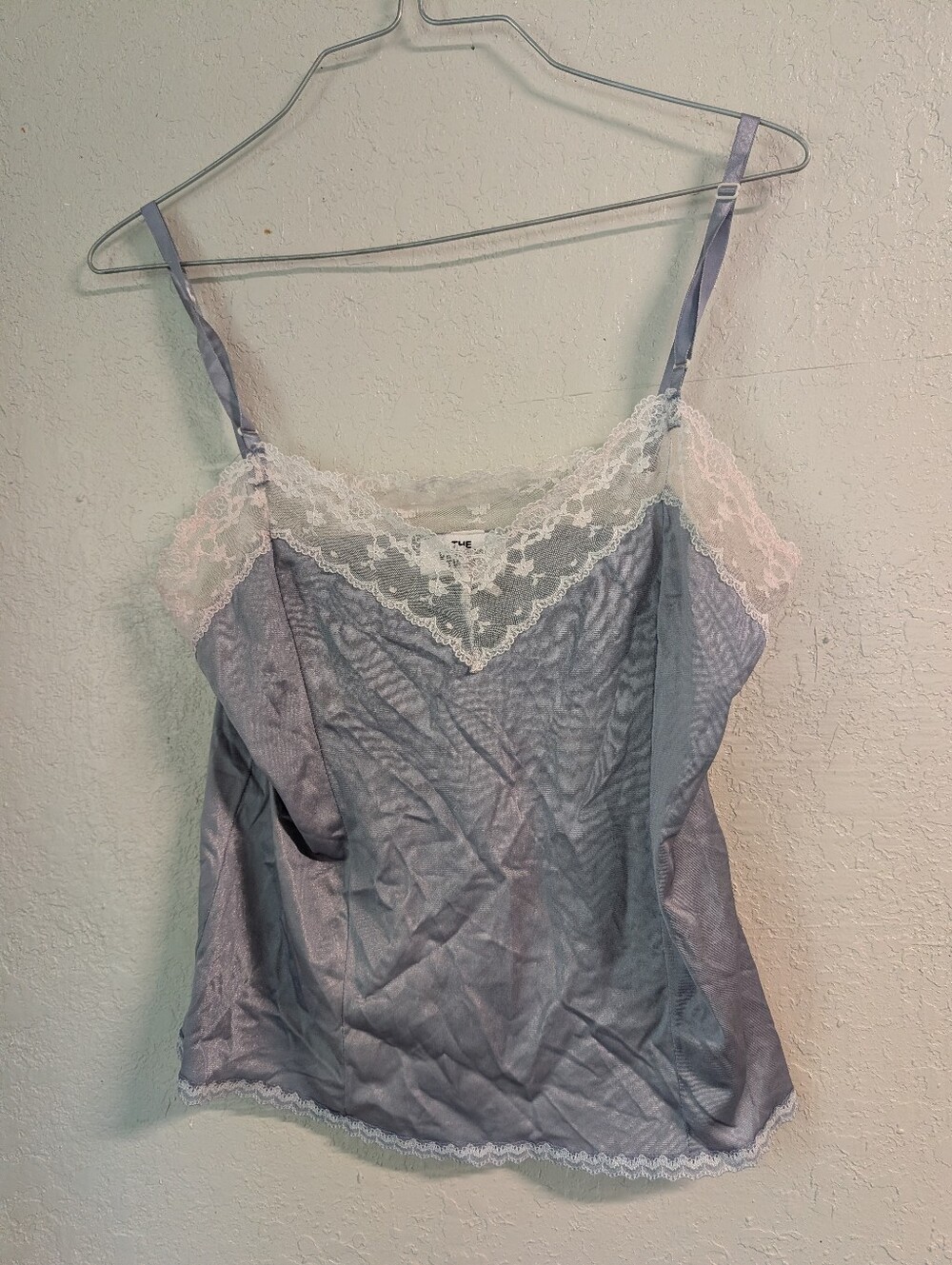 Y2K Lace Trim Satin Cami Tank Top M Blue gray USA Made Dainty Fairy Sexy Vintage